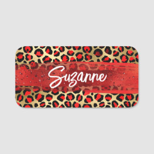 Red Gold and Black Foil Leopard Brush Strokes Name Tag