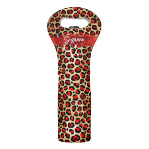 Red Gold and Black Foil Leopard Brush Strokes Wine Bag