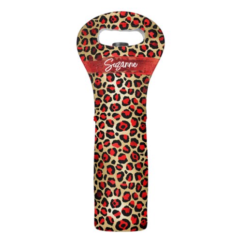 Red Gold and Black Foil Leopard Brush Strokes Wine Bag