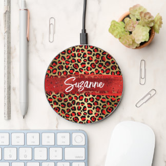 Red Gold and Black Foil Leopard Brush Strokes Wireless Charger