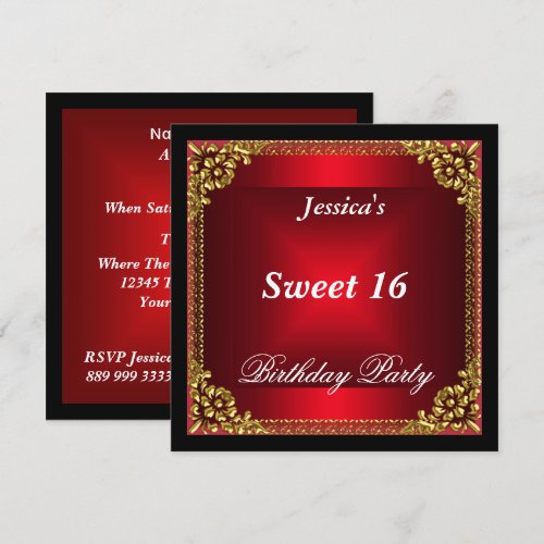 Red Gold and Black Sweet 16 Birthday Party Custom Invitation