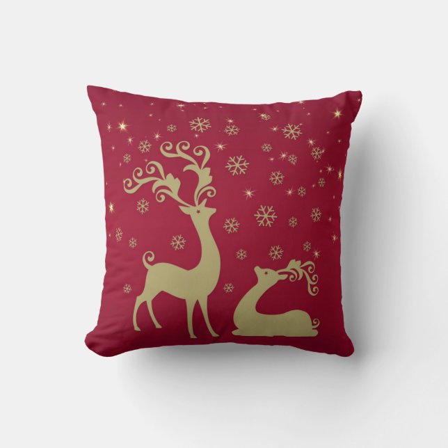 Red, gold and green Christmas reindeer Throw Pillow (Front)
