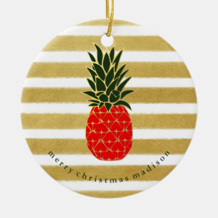 Red Gold and Green Christmas Tropical Pineapple Ceramic Ornament