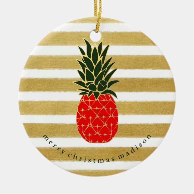 Red Gold and Green Christmas Tropical Pineapple Ceramic Ornament (Front)
