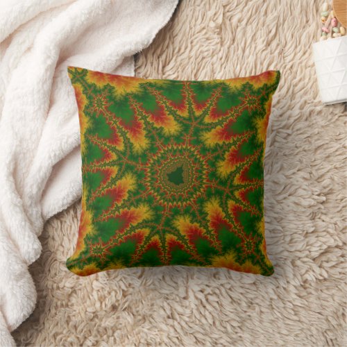 Red Gold and Green Fractal Christmas Throw Pillow