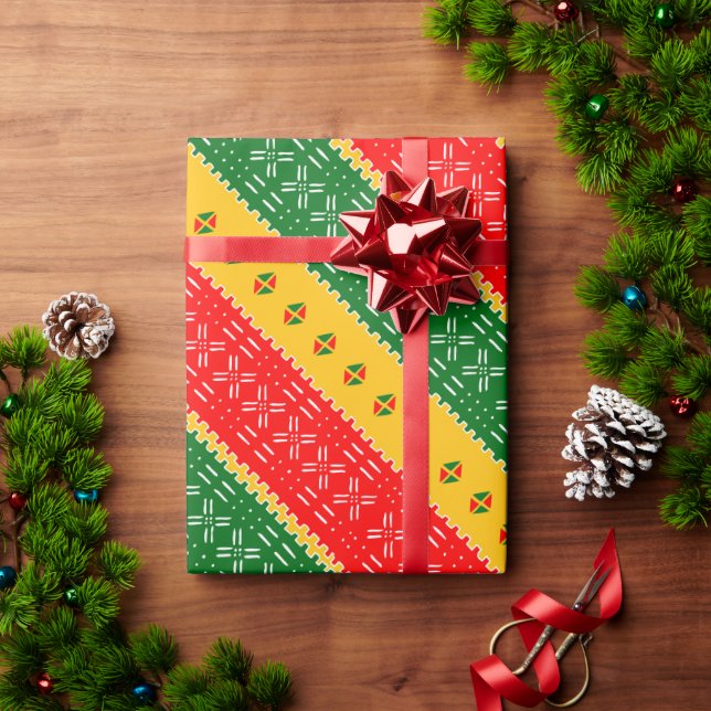 Red Gold And Green Mudcloth Tribal Pattern Wrapping Paper (Holiday Gift)