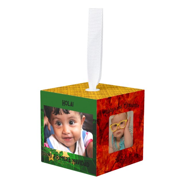 Red, Gold and Green Photo Cube Ornament (Front Angled)