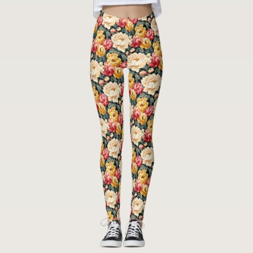 Red Gold and Ivory Floral Leggings