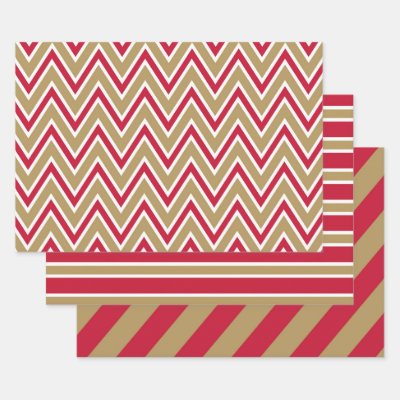 Red, Gold, and White Chevron &amp; Stripe Patterns Wrapping Paper Sheets
