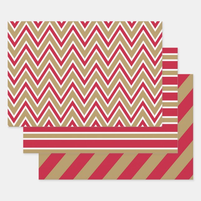 Red, Gold, and White Chevron & Stripe Patterns Wrapping Paper Sheets (Set)