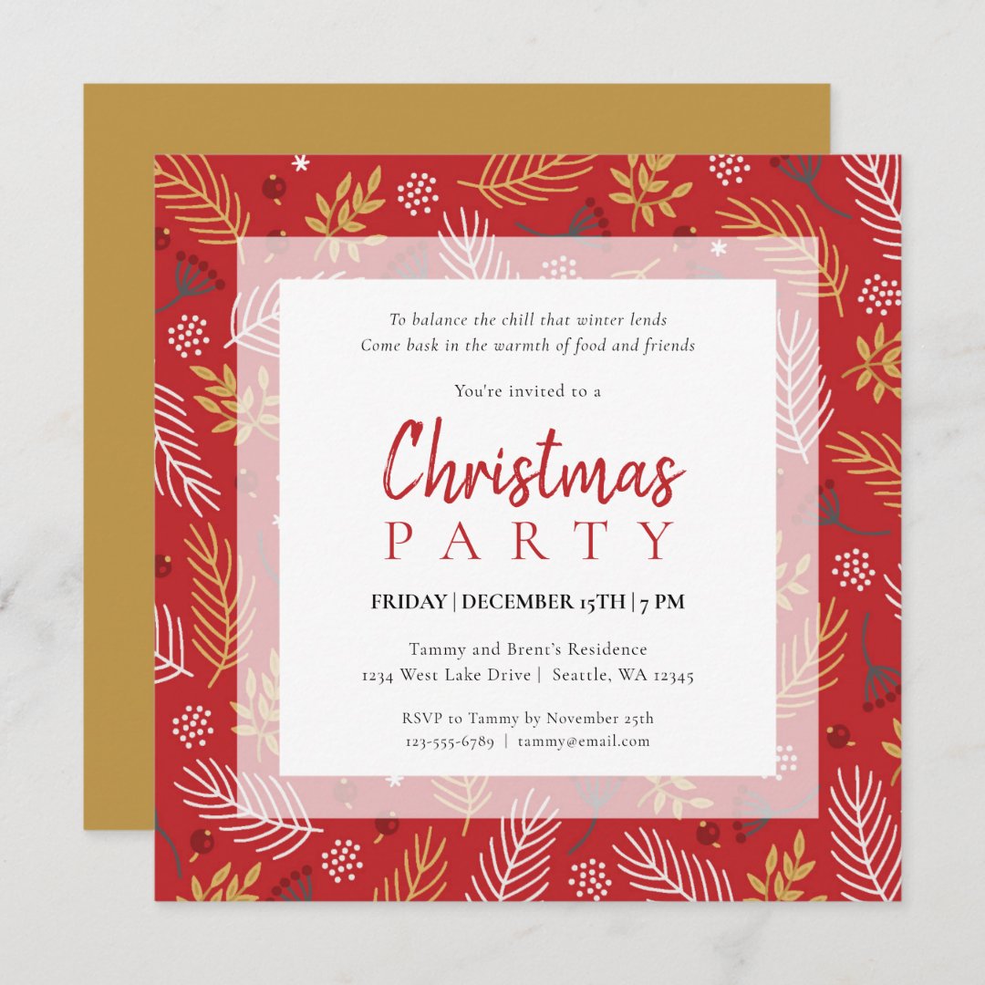 Red Gold and White Christmas Foliage Holiday Party Invitation | Zazzle