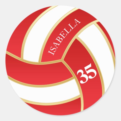 Red Gold and White Volleyball_ Personalize  Classic Round Sticker