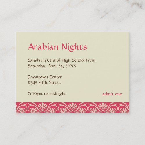 Red gold arabian prom bid custom admission ticket