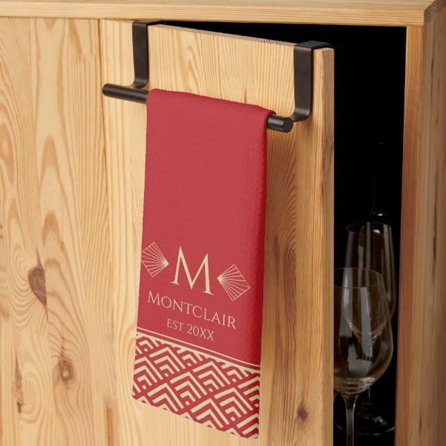 Red & Gold Art Deco Japanese Fan Custom Monogram Kitchen Towel (Thirds Fold)