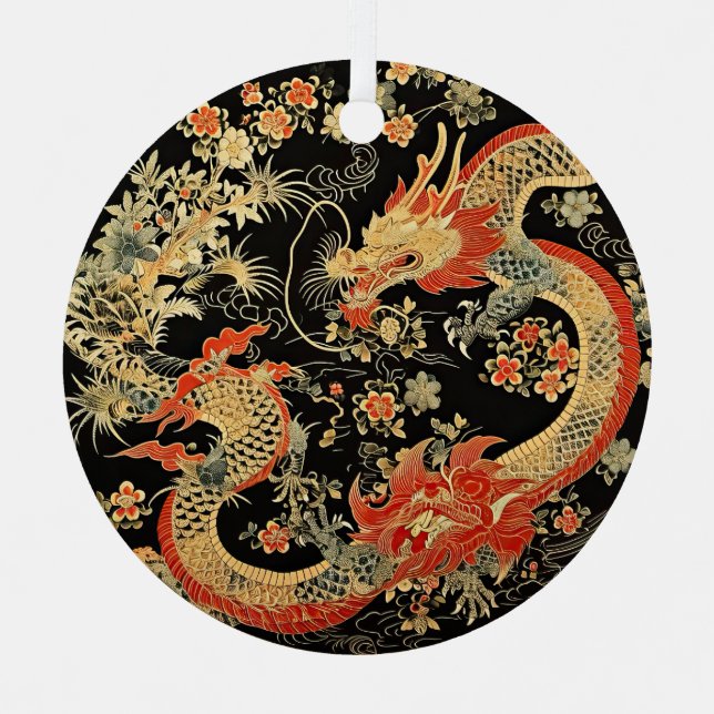 Red & Gold Asian Dragon and Flowers Metal Ornament (Front)
