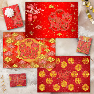 Red Gold Auspicious Clouds Chinese Zodiac Dragon Wrapping Paper Sheets