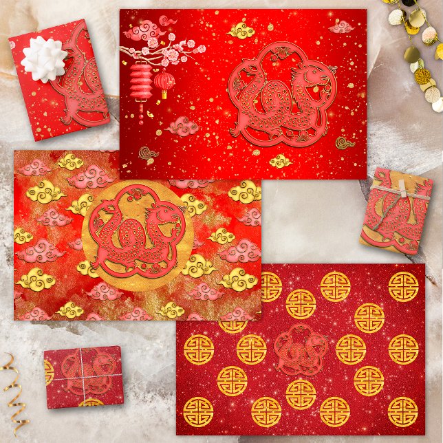 Red Gold Auspicious Clouds Chinese Zodiac Dragon Wrapping Paper Sheets (Creator Uploaded)