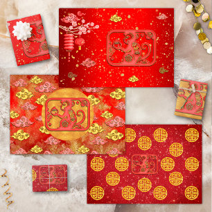 Red Gold Auspicious Clouds Chinese Zodiac Monkey Wrapping Paper Sheets