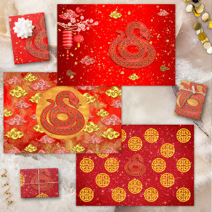 Red Gold Auspicious Clouds Chinese Zodiac Snake Wrapping Paper Sheets