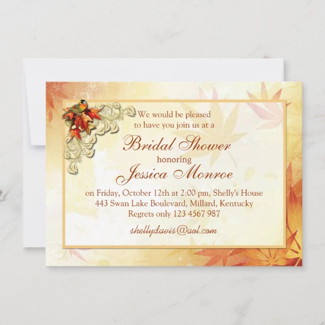 Red gold autumn leaves and bird Bridal Shower Invitation (Front)