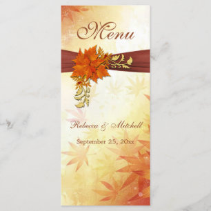Red gold Autumn leaves Wedding Menu  Rack Card