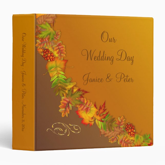 Red gold Autumnal leaves and berry Wedding Binder (Front/Spine)