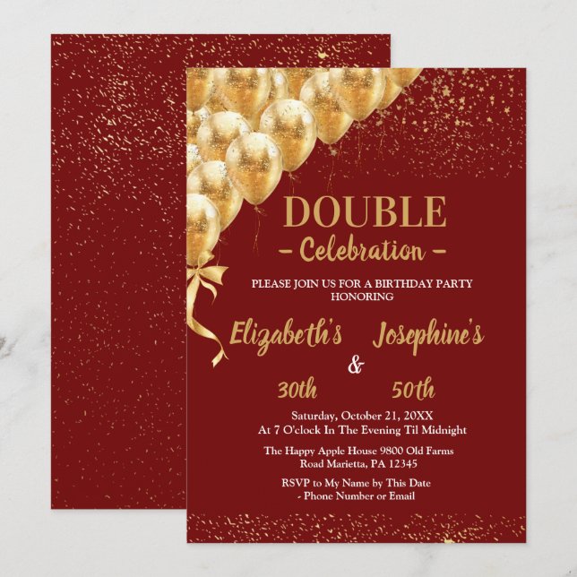 Red Gold Balloons glitter Dual Birthday Soiree  Invitation (Front/Back)