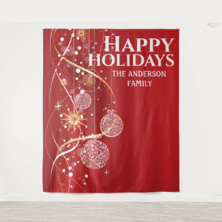 Red gold balls snowflake chic Christmas greeting Tapestry