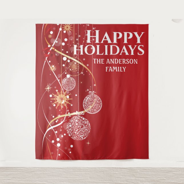 Red gold balls snowflake chic Christmas greeting Tapestry (Front)
