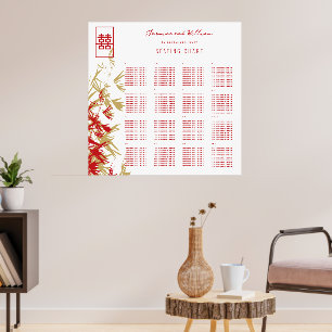 Red & Gold Bamboo Leaves Asian Wedding Seat Chart