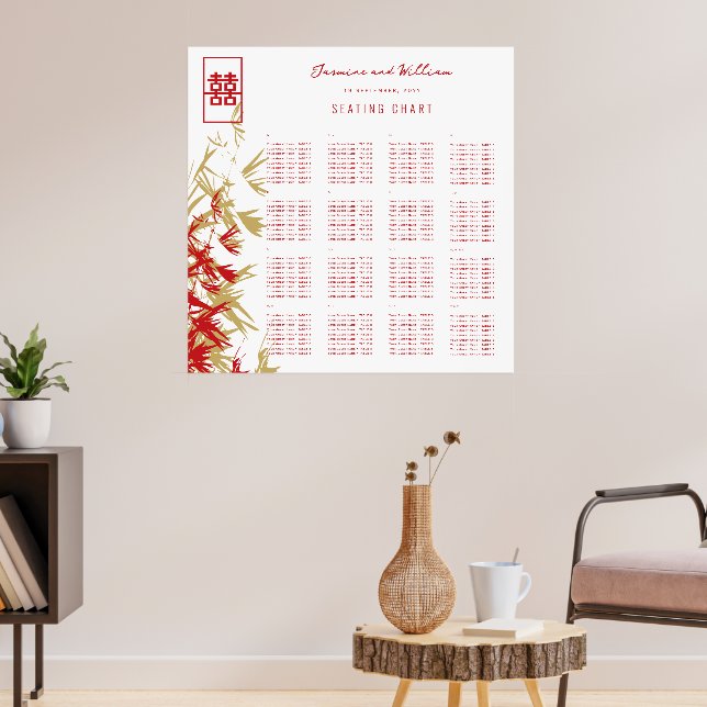 Red & Gold Bamboo Leaves Asian Wedding Seat Chart (Living Room 3)