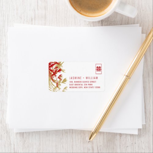 Red  Gold Bamboo Leaves Chinese Wedding Address Label