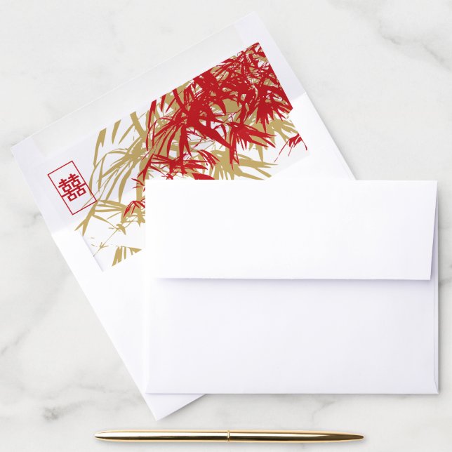 Red/Gold Bamboo Leaves Double Happiness Wedding Envelope Liner (Desk)
