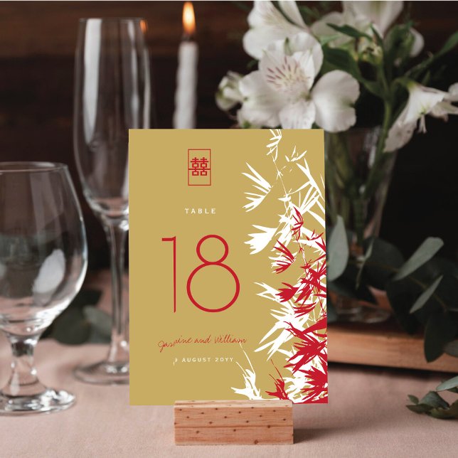 Red & Gold Bamboo Leaves Double Happiness Wedding Table Number (Creator Uploaded)