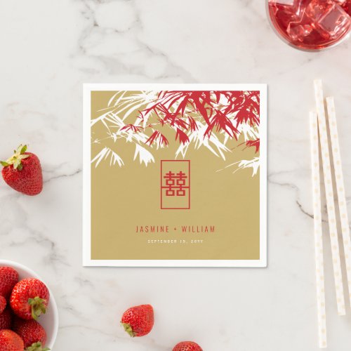 RedGold Bamboo Leaves Double Xi Chinese Wedding Napkins