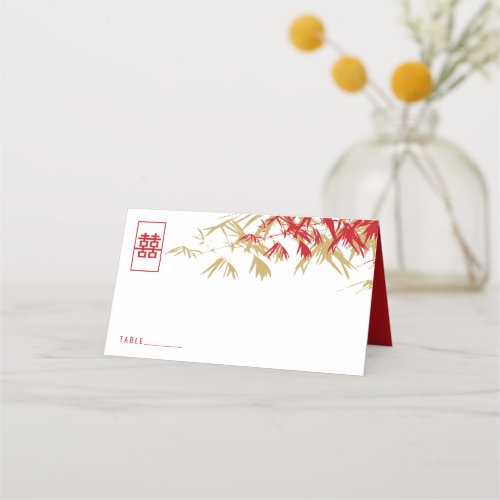 Red  Gold Bamboo Leaves Double Xi Chinese Wedding Place Card