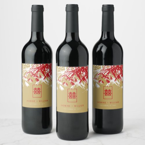 RedGold Bamboo Leaves Double Xi Chinese Wedding Wine Label