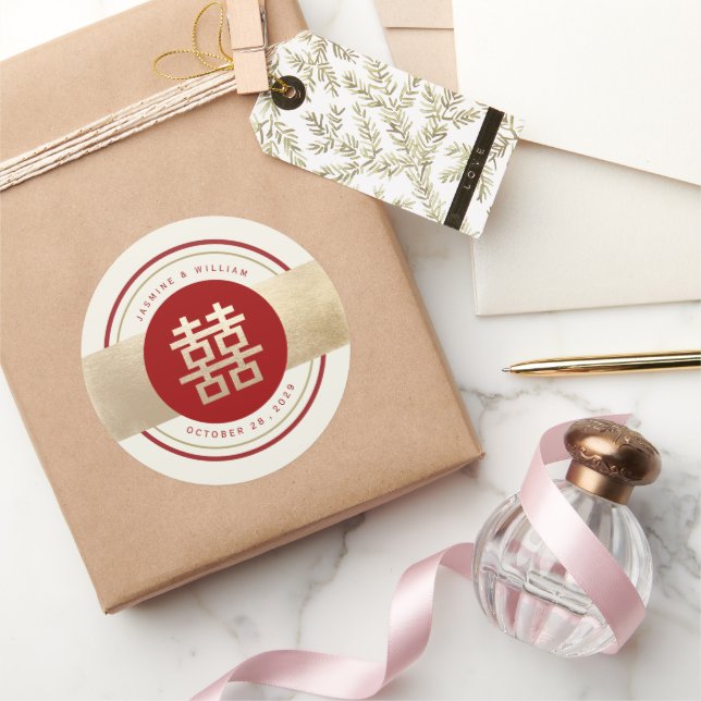 Red & Gold Band Double Happiness Chinese Wedding Classic Round Sticker (Gifting)