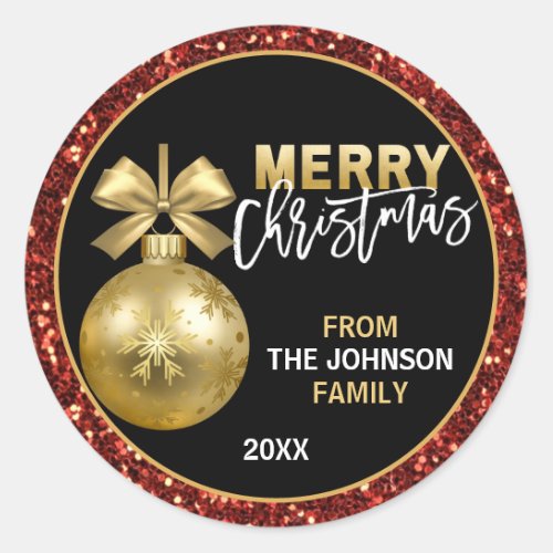 Red Gold Bauble Ornament Glitter Merry Christmas Classic Round Sticker
