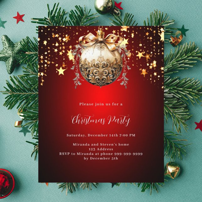 Red gold bauble stars Christmas Party invitation (Creator Uploaded)
