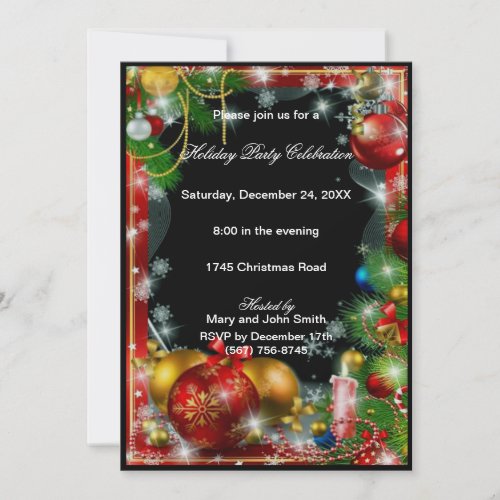 Red Gold Baubles Candle Christmas Party Invitation