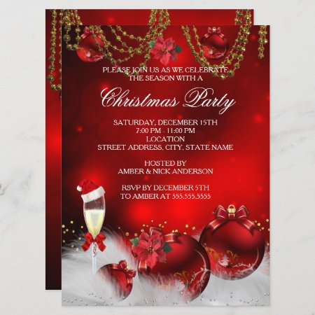 Red Gold Baubles Champagne Christmas Party Invitation