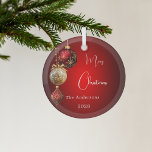 Red gold baubles Christmas decor Glass Ornament<br><div class="desc">A red gradient background. Decorated with red and gold baubles.  Personalize and add your name,  year.  Text: Merry Christmas</div>