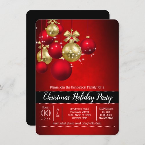 Red gold baubles Christmas holiday party chic Invitation