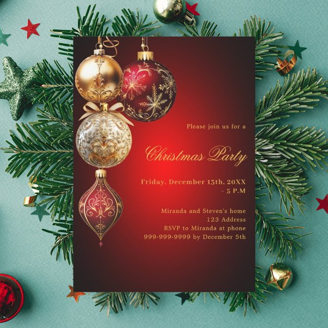 Red gold baubles Christmas Party Invitation (Creator Uploaded)