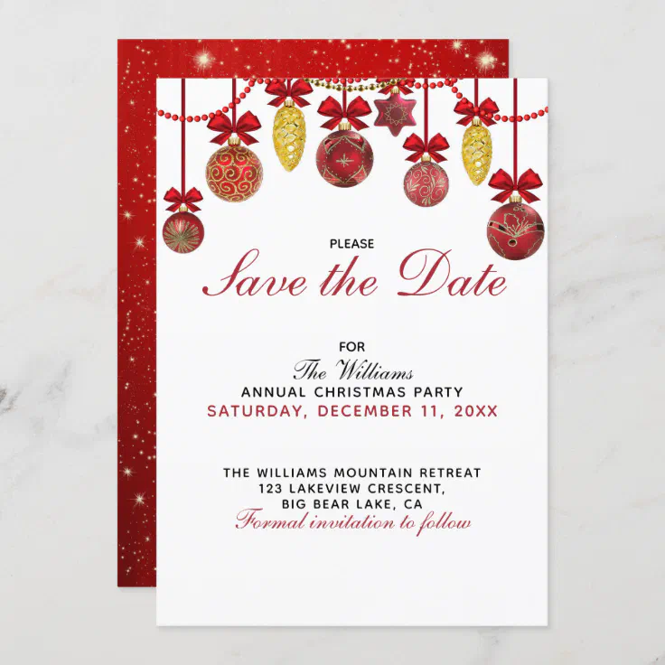 RED GOLD BAUBLES Christmas Party Save the Date Invitation | Zazzle