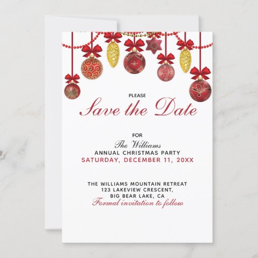 RED GOLD BAUBLES Christmas Party Save the Date Invitation | Zazzle