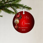 Red gold baubles classic Christmas Metal Ornament<br><div class="desc">A red gradient background. Decorated with red and gold baubles.  Personalize and add your name,  year.  Text: Merry Christmas</div>