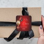 Red gold baubles classic Christmas Square Sticker<br><div class="desc">For a Christmas party favors or gift wrapping. A red uneven colored background. Decorated with red and gold baubles.  Personalize and add your name,  year.  Text: Merry Christmas</div>