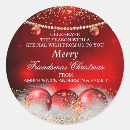 Red Gold Baubles Friendsmas Christmas Greetings  Classic Round Sticker